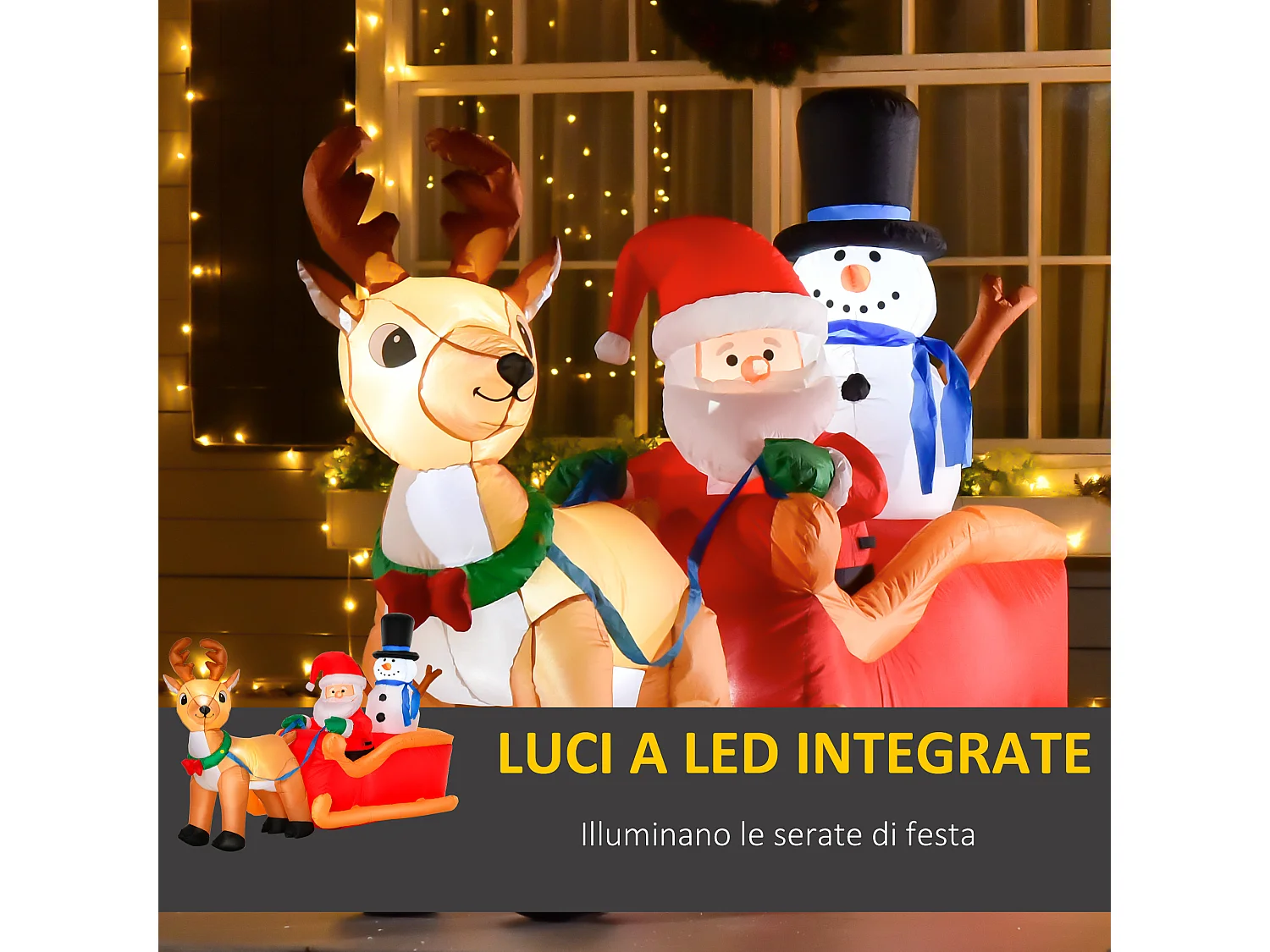 Babbo natale con slitta renna pupazzo di neve gonfiabile e luci