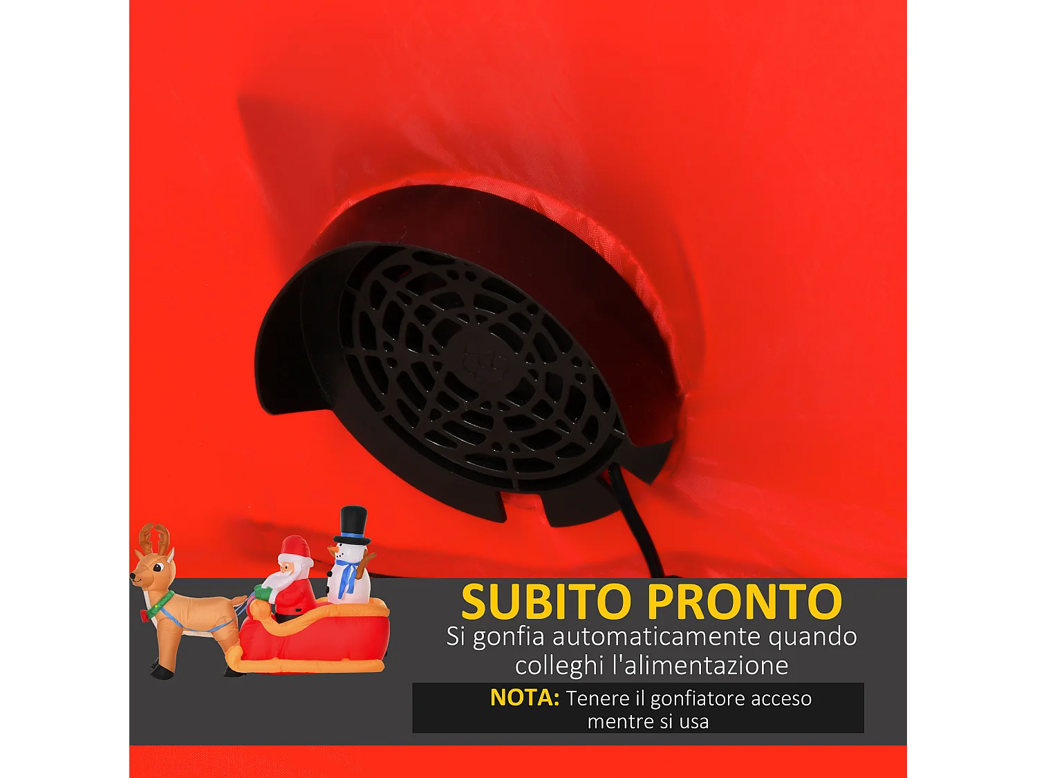 Babbo natale con slitta renna pupazzo di neve gonfiabile e luci