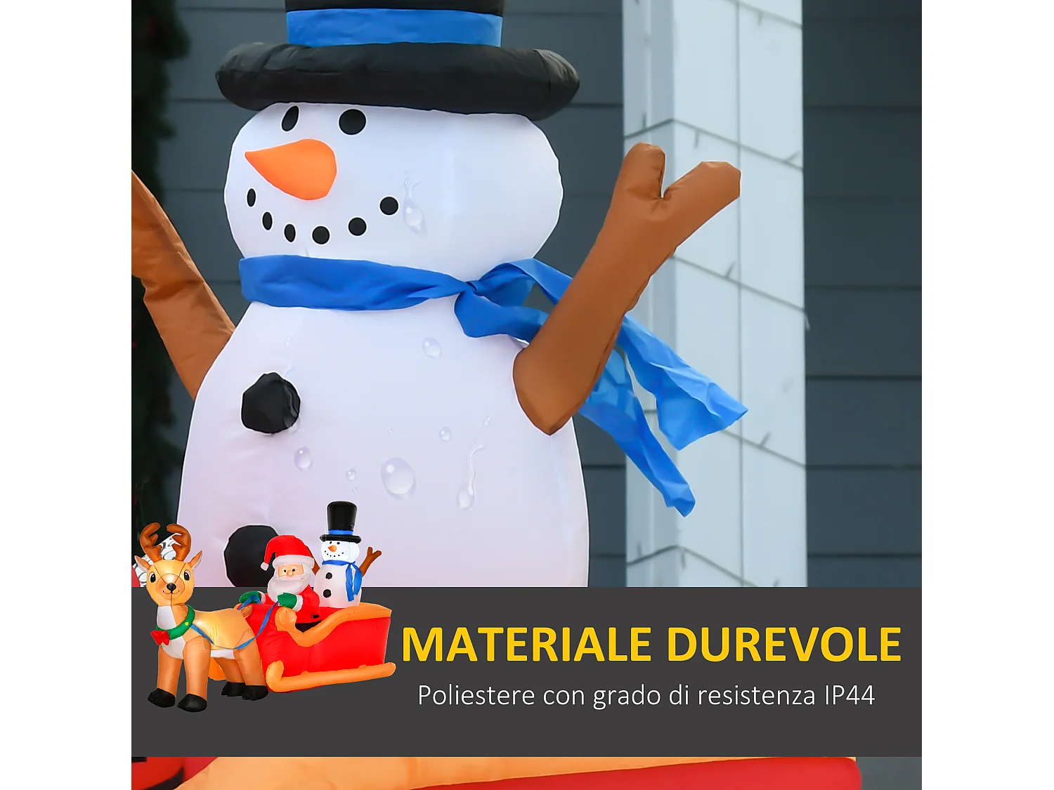 Babbo natale con slitta renna pupazzo di neve gonfiabile e luci