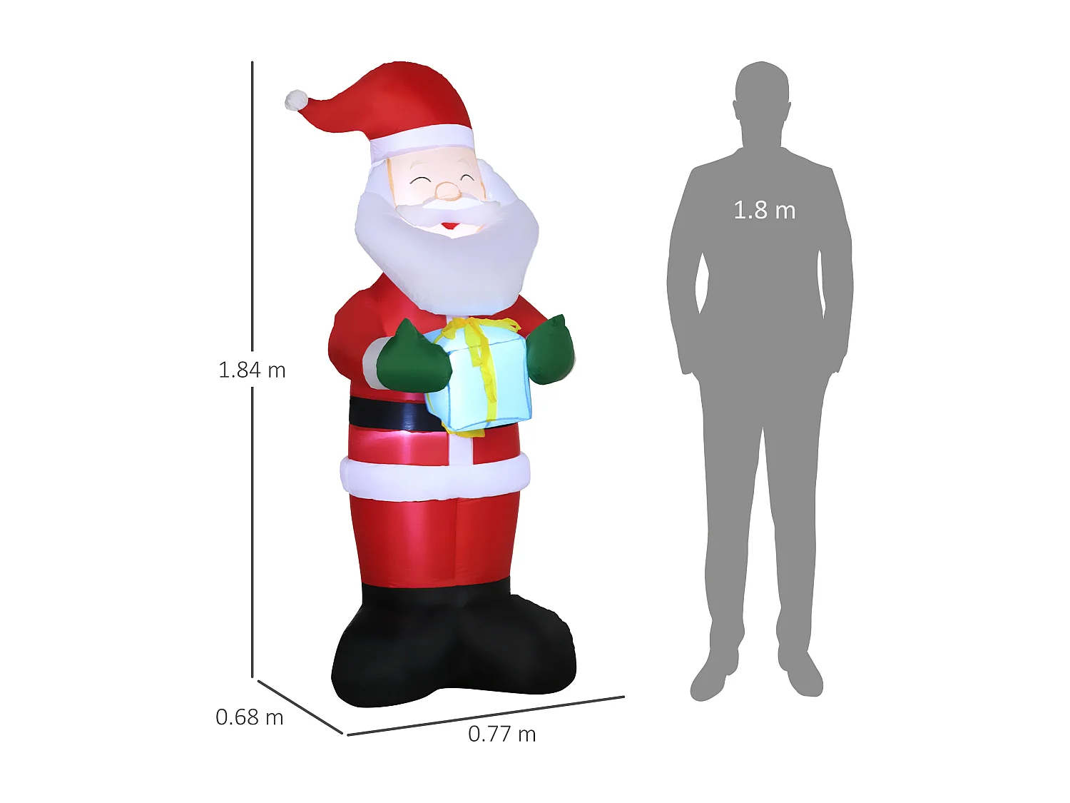 Babbo natale gonfiabile da 180cm con regalo e luci led