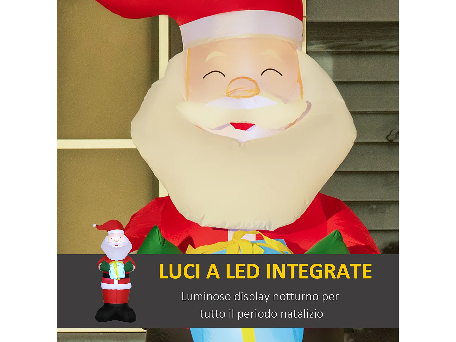 Babbo natale gonfiabile da 180cm con regalo e luci led