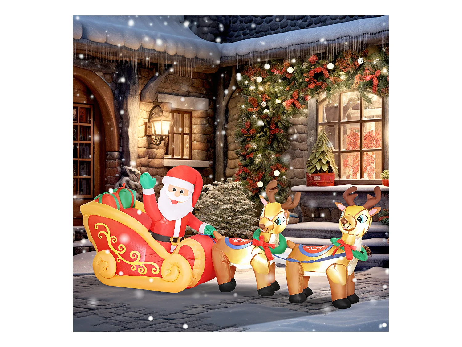 Babbo Natale gonfiabile da esterno con slitta e renne 6 luci 2.4 m