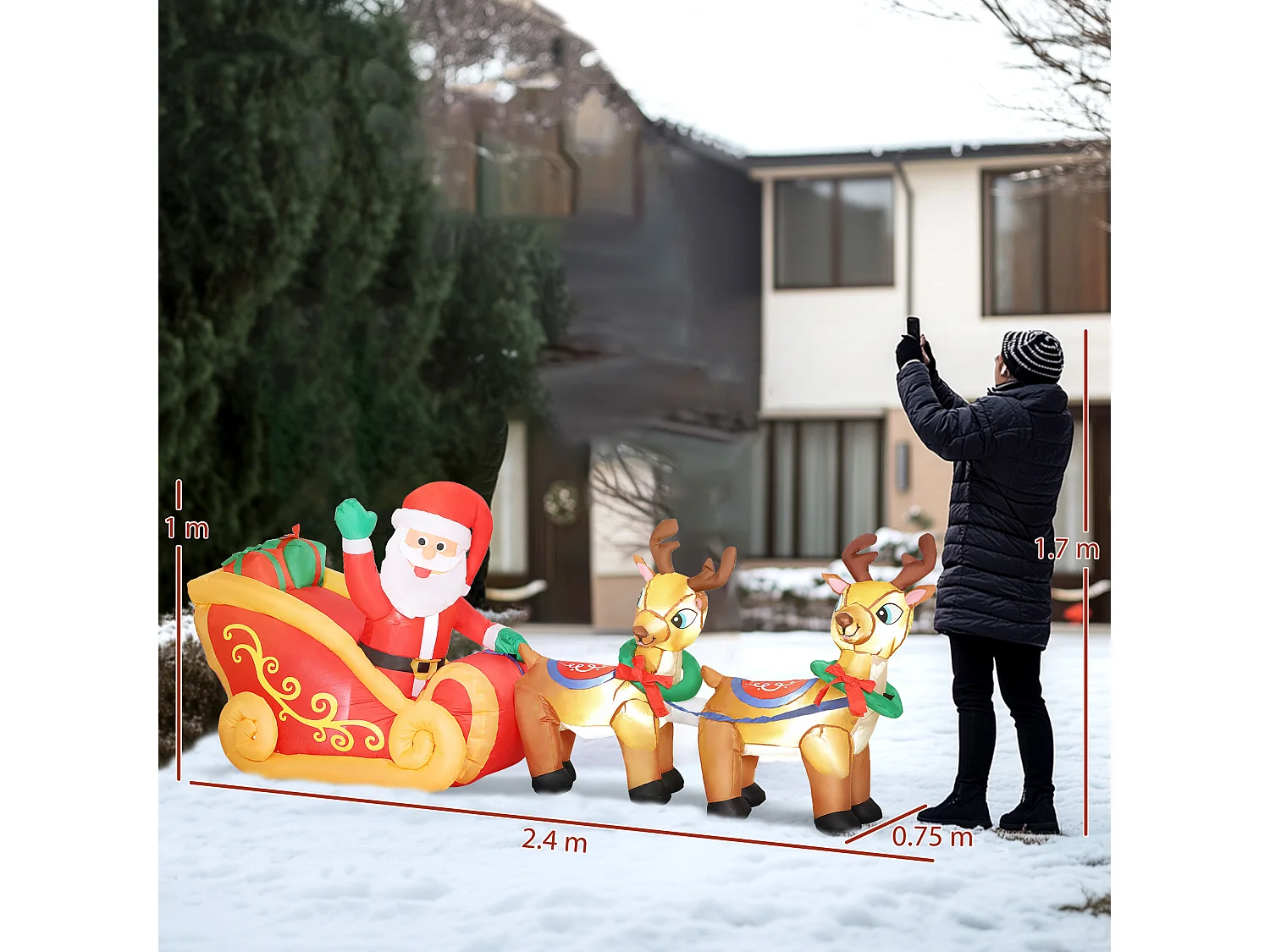 Babbo Natale gonfiabile da esterno con slitta e renne 6 luci 2.4 m