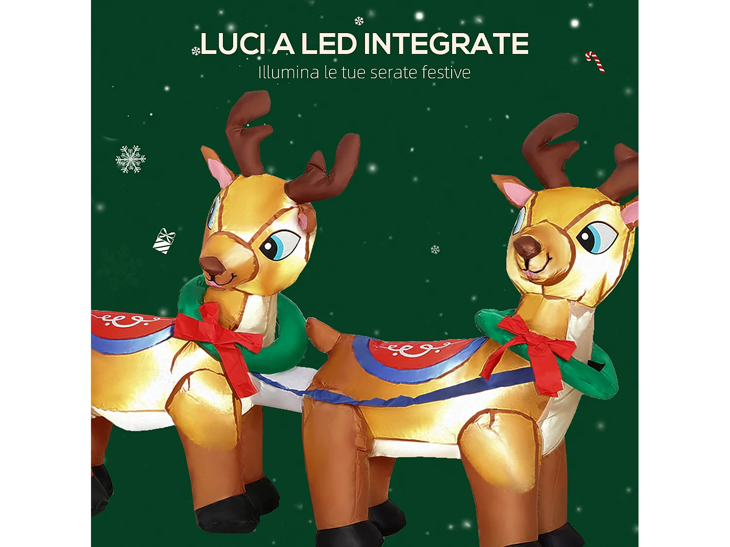 Babbo Natale gonfiabile da esterno con slitta e renne 6 luci 2.4 m