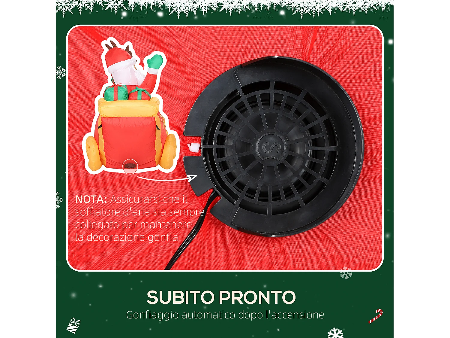 Babbo Natale gonfiabile da esterno con slitta e renne 6 luci 2.4 m