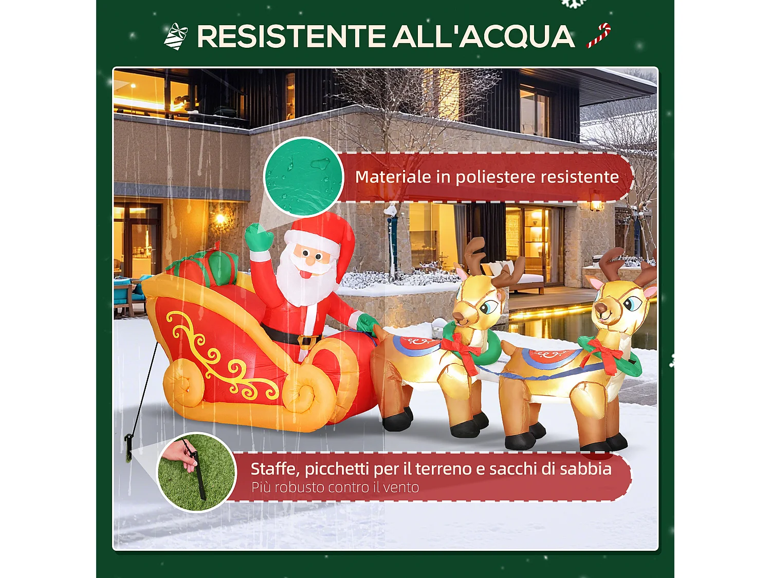 Babbo Natale gonfiabile da esterno con slitta e renne 6 luci 2.4 m