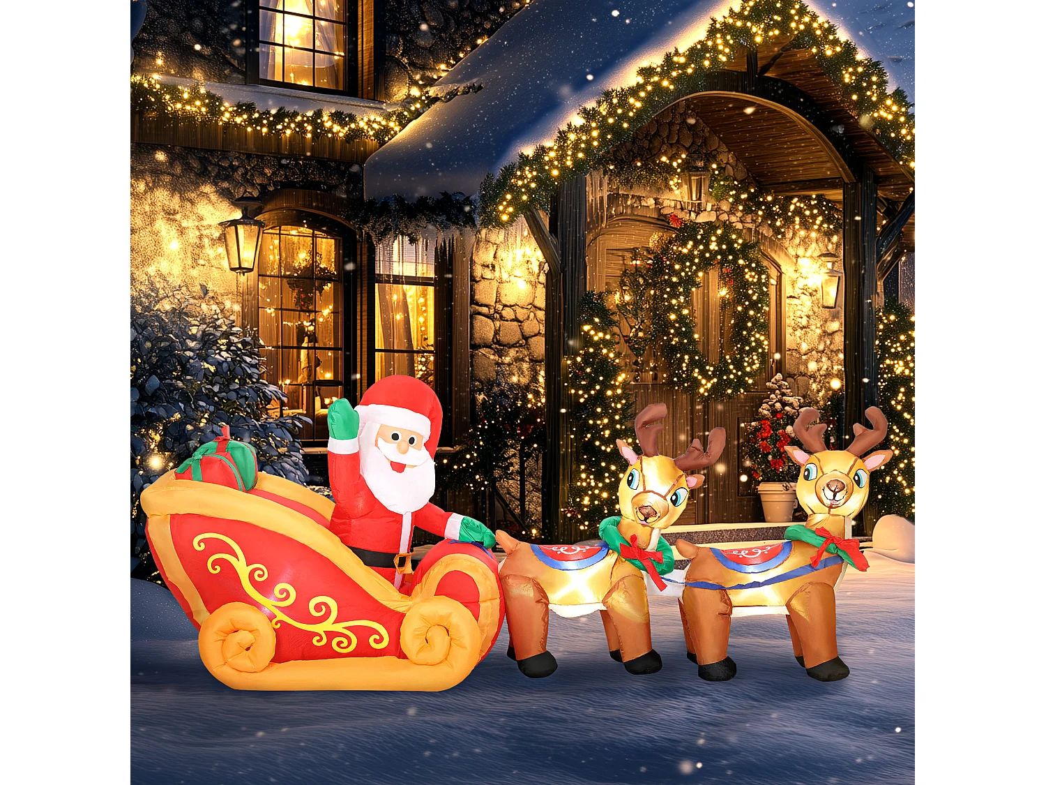 Babbo Natale gonfiabile da esterno con slitta e renne 6 luci 2.4 m