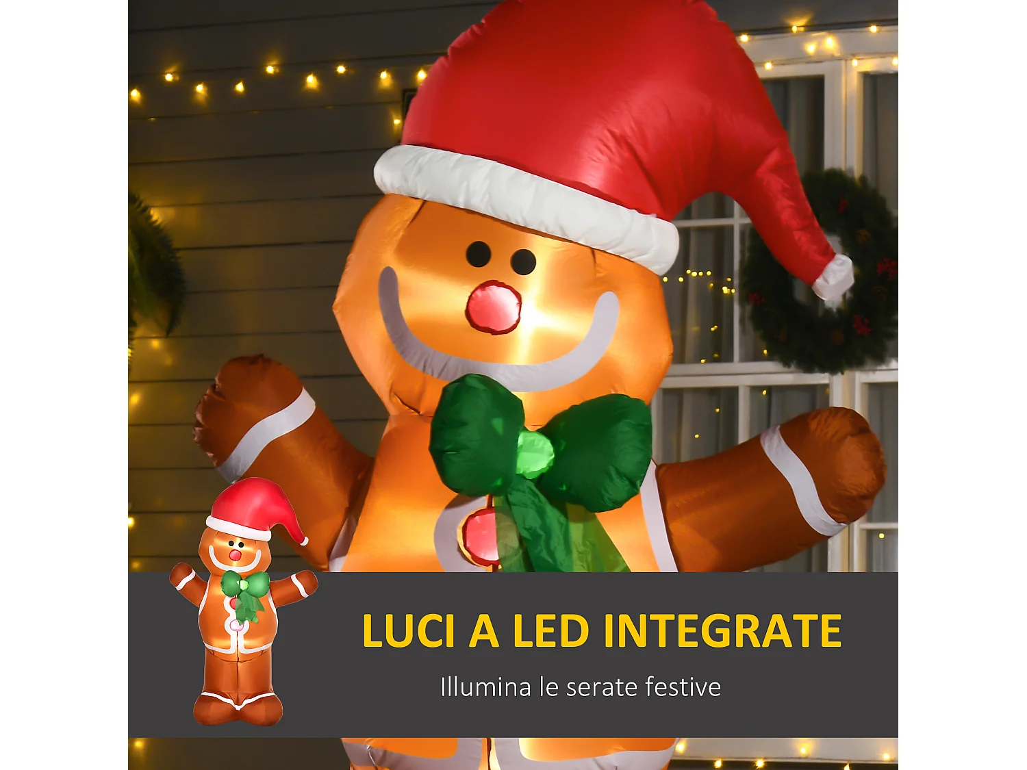 Omino pan di zenzero gonfiabile esterno luci led e gonfiatore