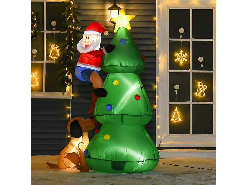 Albero di natale gonfiabile con babbo natale cagnolino e luci