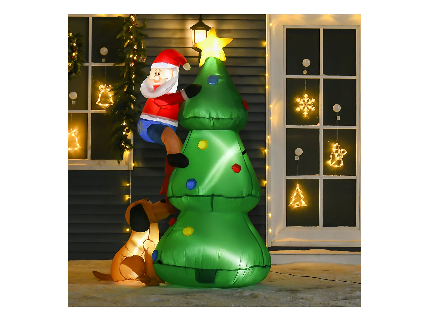 Albero di natale gonfiabile con babbo natale cagnolino e luci