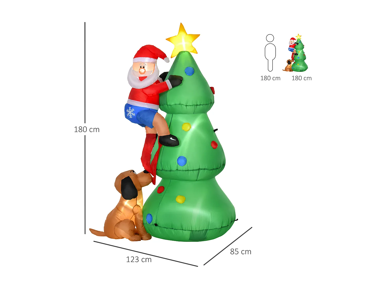 Albero di natale gonfiabile con babbo natale cagnolino e luci