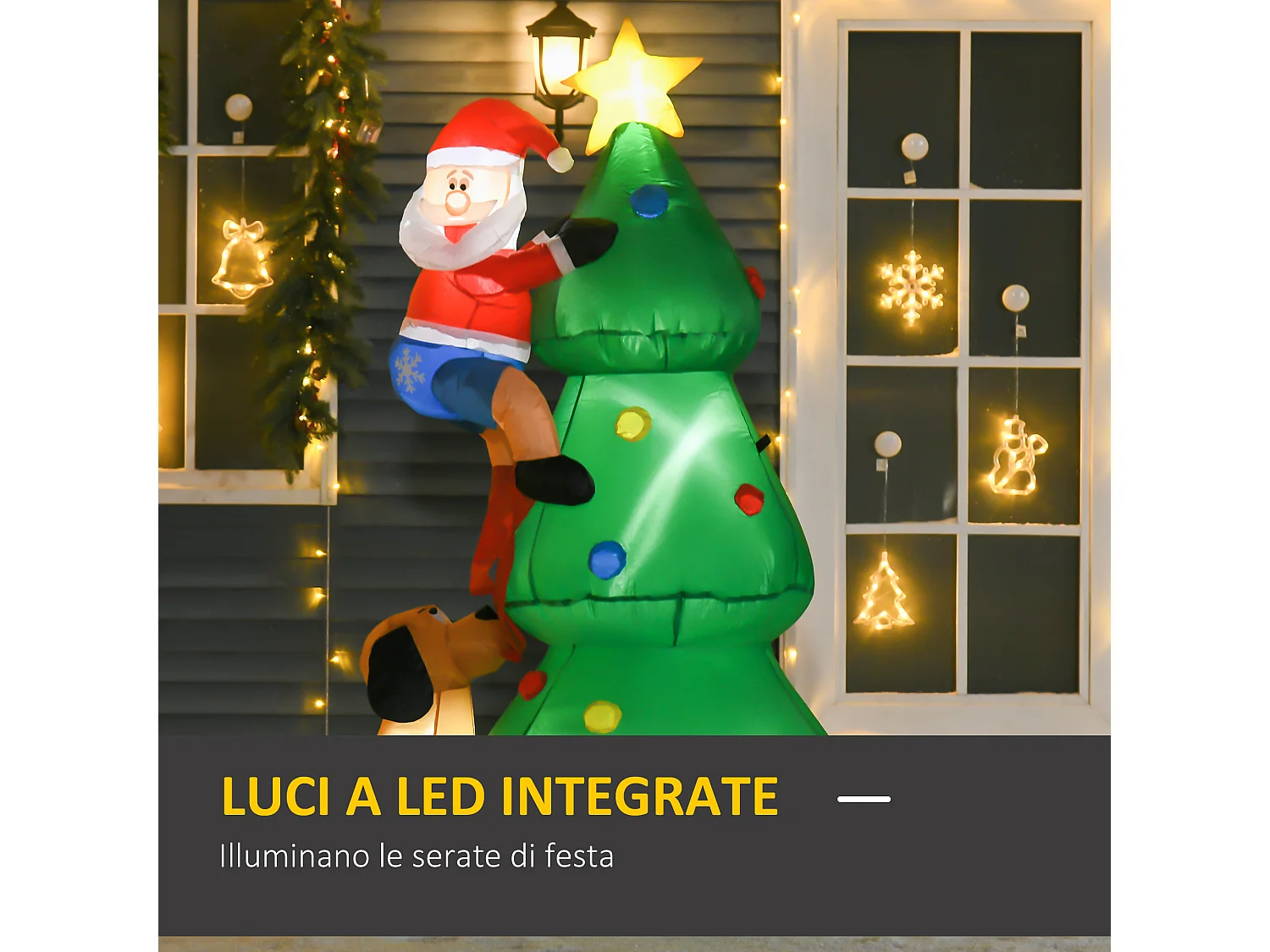Albero di natale gonfiabile con babbo natale cagnolino e luci