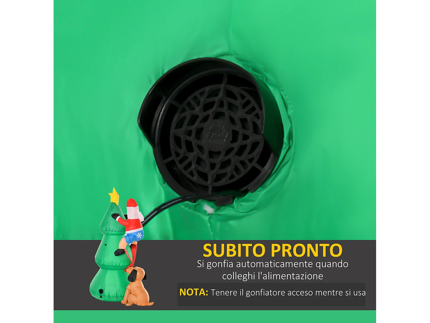 Albero di natale gonfiabile con babbo natale cagnolino e luci