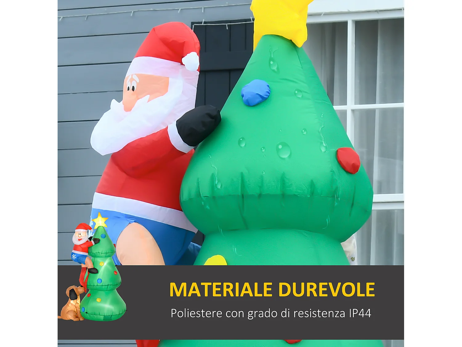 Albero di natale gonfiabile con babbo natale cagnolino e luci