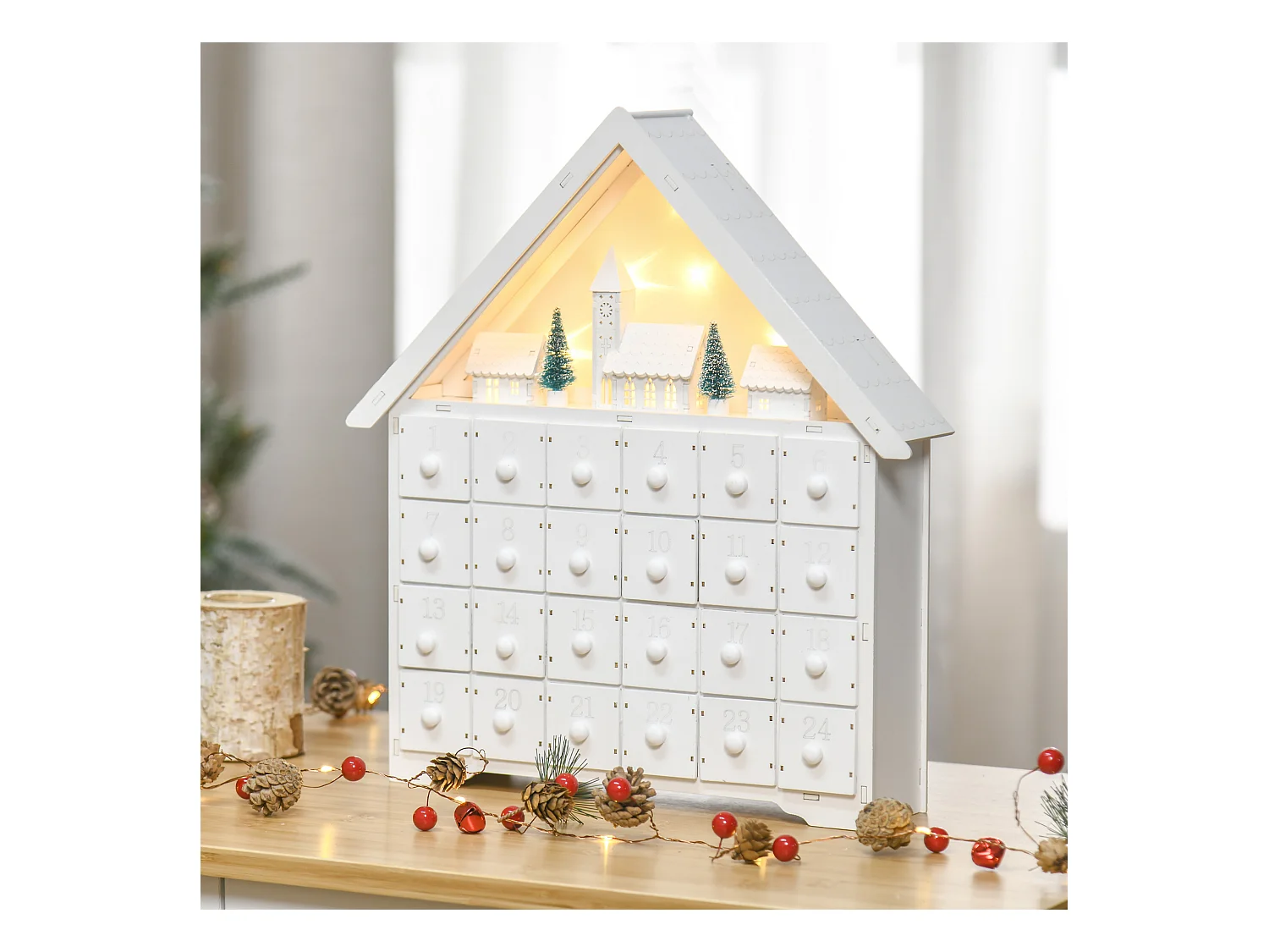 Calendario dell'avvento 24 cassetti in legno villaggio con luci