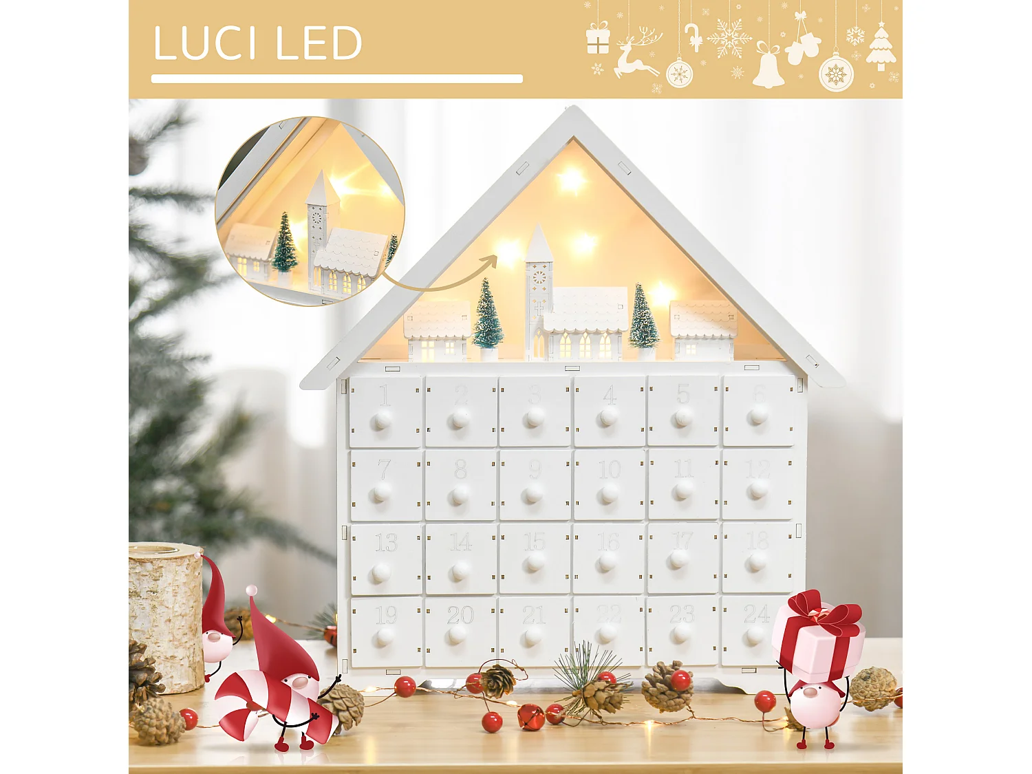 Calendario dell'avvento 24 cassetti in legno villaggio con luci