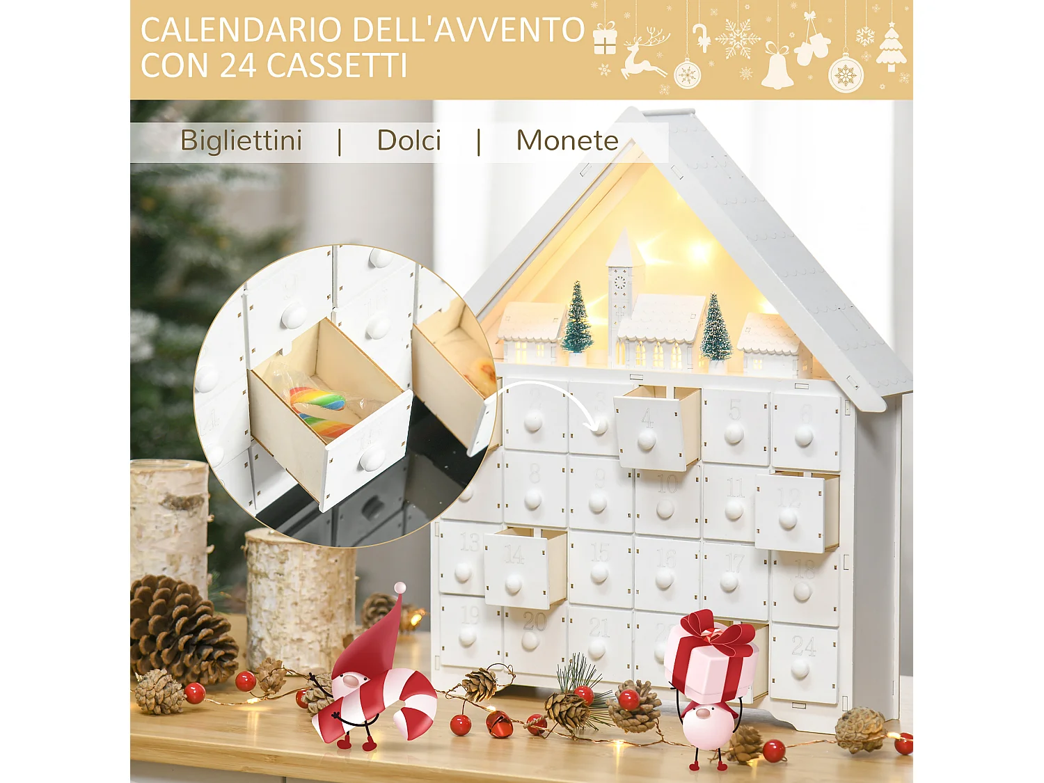 Calendario dell'avvento 24 cassetti in legno villaggio con luci