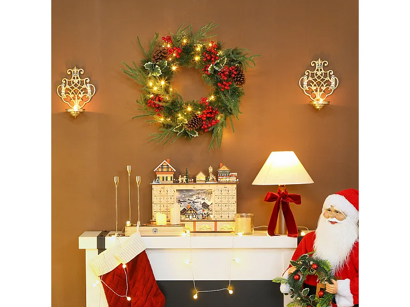 Ghirlanda natalizia da 60 cm con luci led pigne e bacche rosse