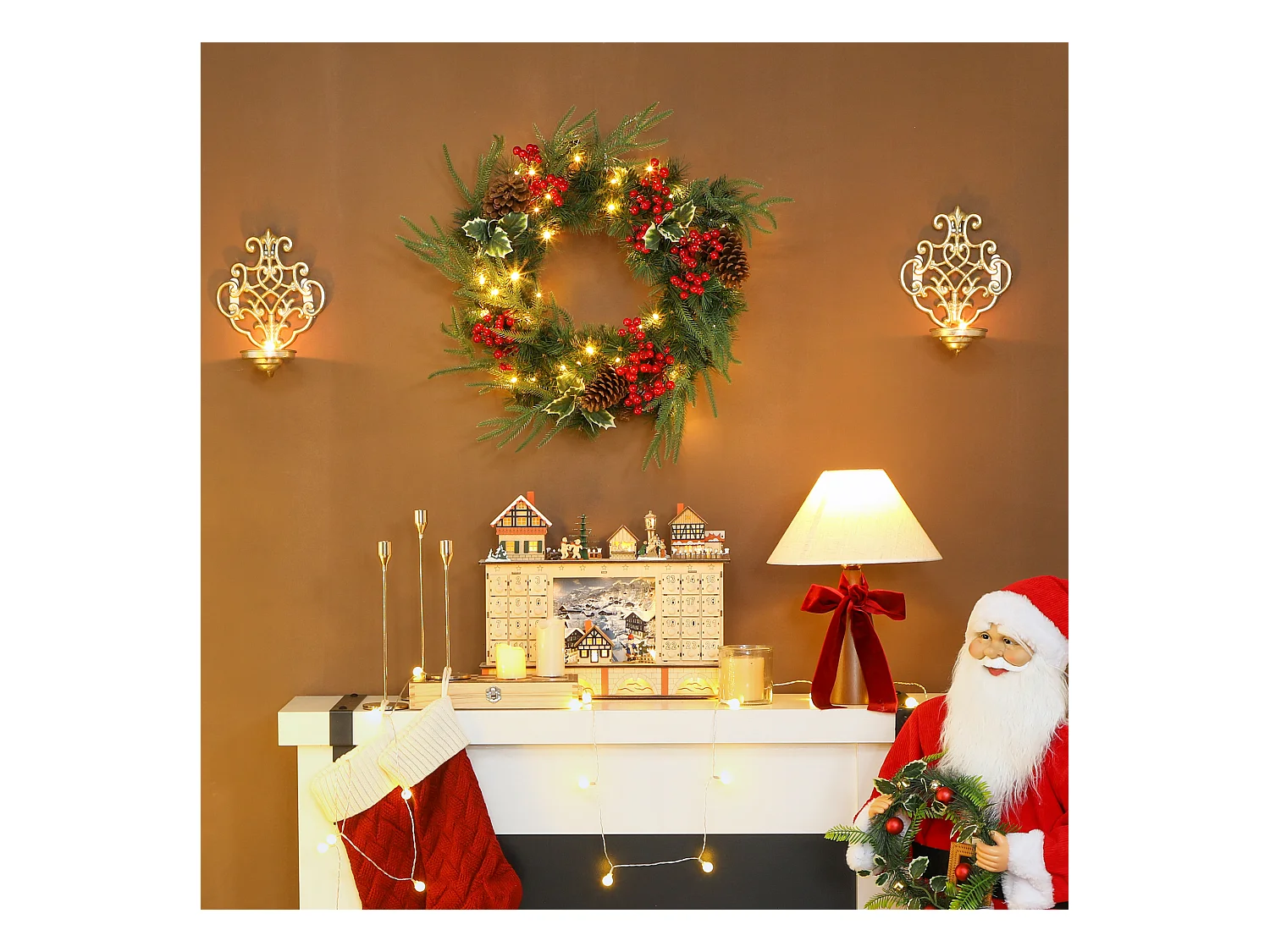 Ghirlanda natalizia da 60 cm con luci led pigne e bacche rosse