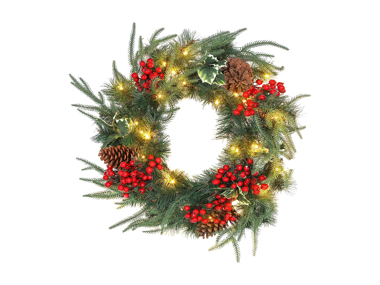 Ghirlanda natalizia da 60 cm con luci led pigne e bacche rosse