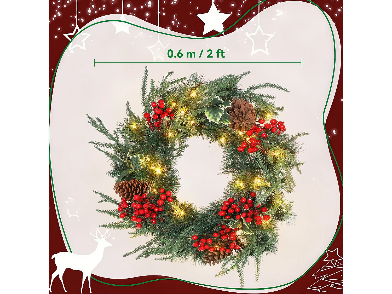 Ghirlanda natalizia da 60 cm con luci led pigne e bacche rosse