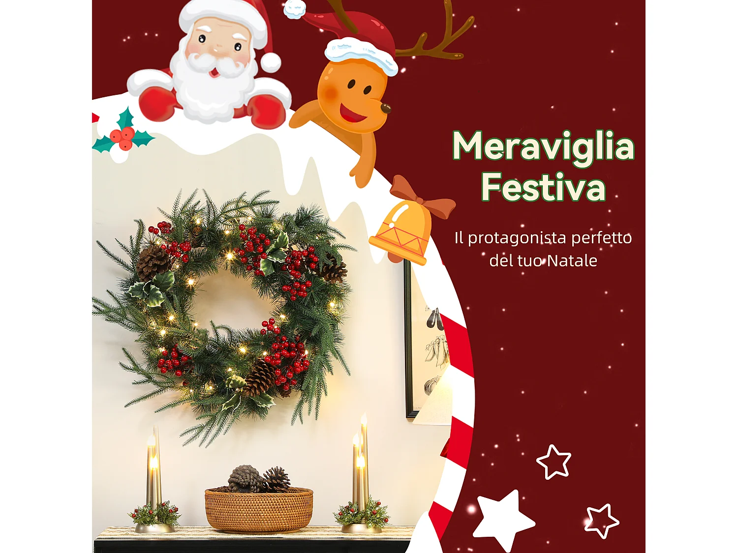 Ghirlanda natalizia da 60 cm con luci led pigne e bacche rosse