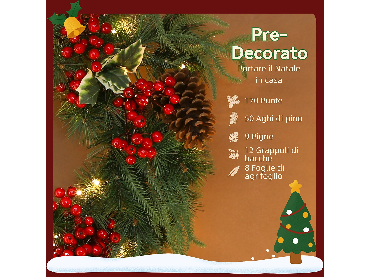 Ghirlanda natalizia da 60 cm con luci led pigne e bacche rosse
