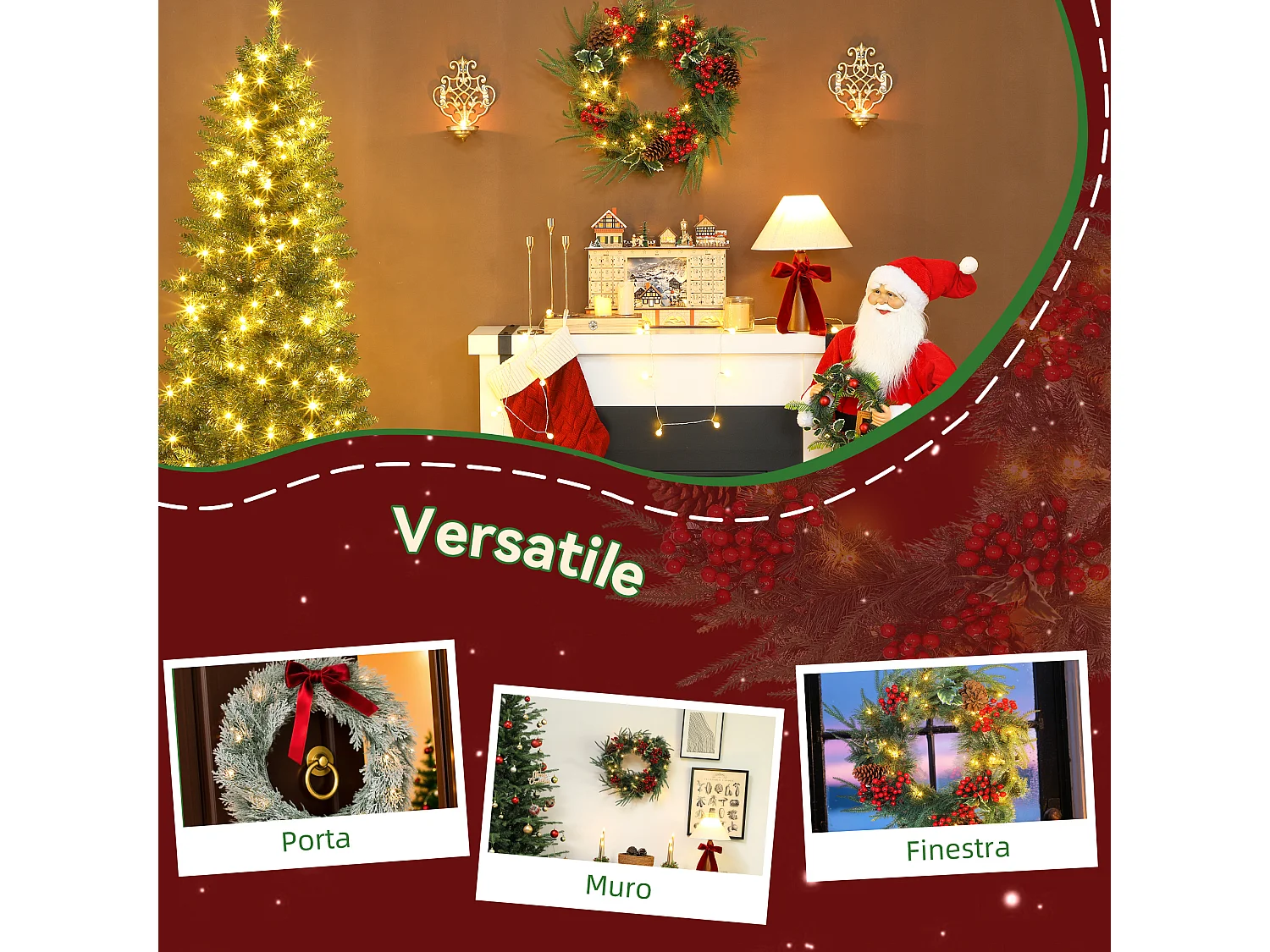 Ghirlanda natalizia da 60 cm con luci led pigne e bacche rosse