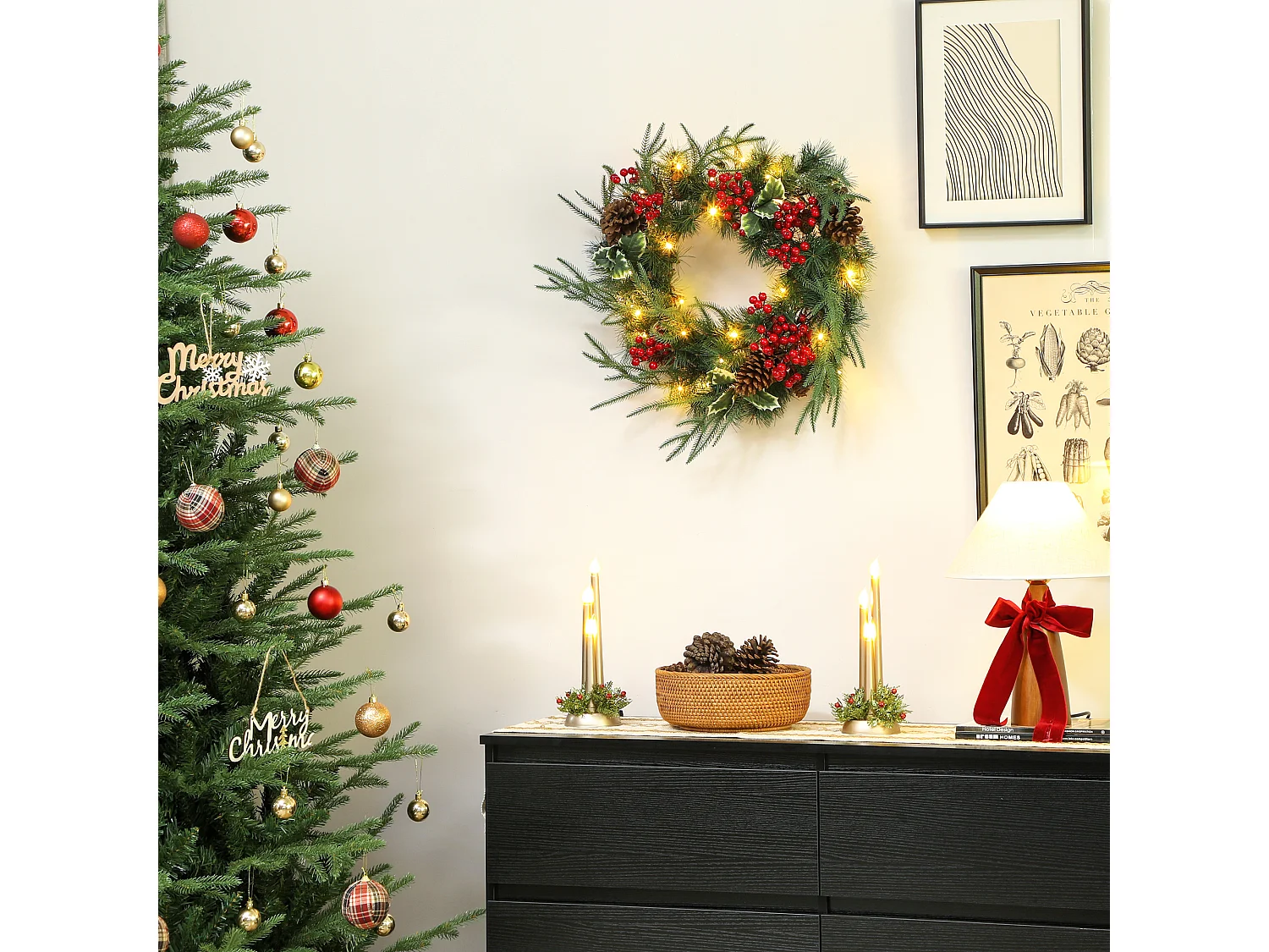 Ghirlanda natalizia da 60 cm con luci led pigne e bacche rosse