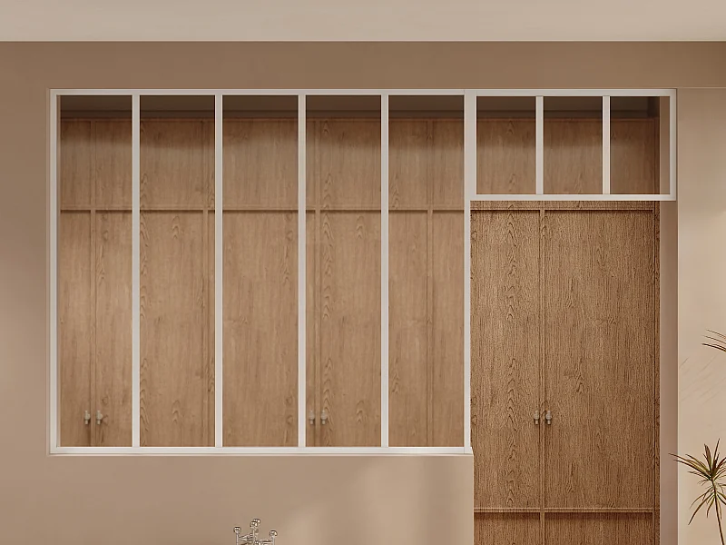 Verrière atelier avec imposte en aluminium thermolaqué - L150 x H130 + L73 x H40 cm - Blanc - BAYVIEW