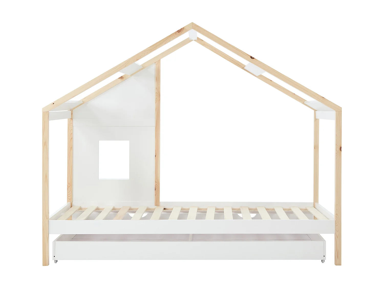Lit cabane 90 x 190 cm avec tiroir - Pin et MDF - Coloris : Blanc et naturel + Matelas - RINELYA