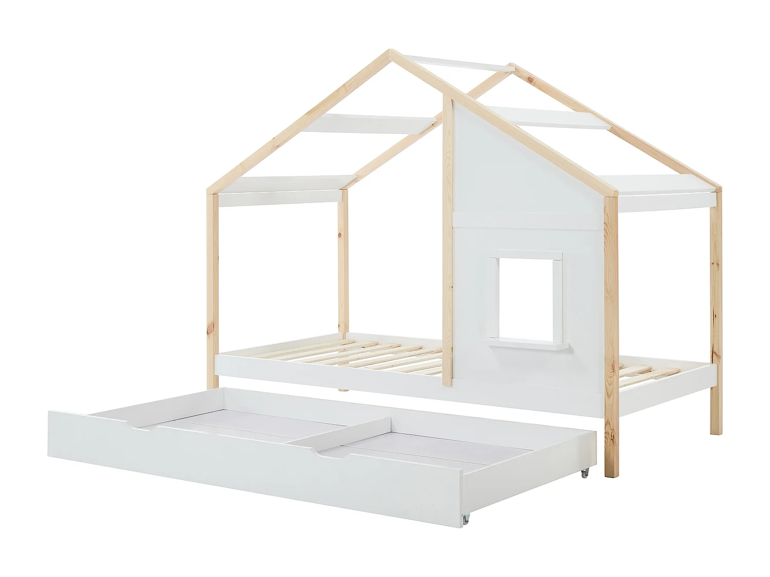 Lit cabane 90 x 190 cm avec tiroir - Pin et MDF - Coloris : Blanc et naturel + Matelas - RINELYA