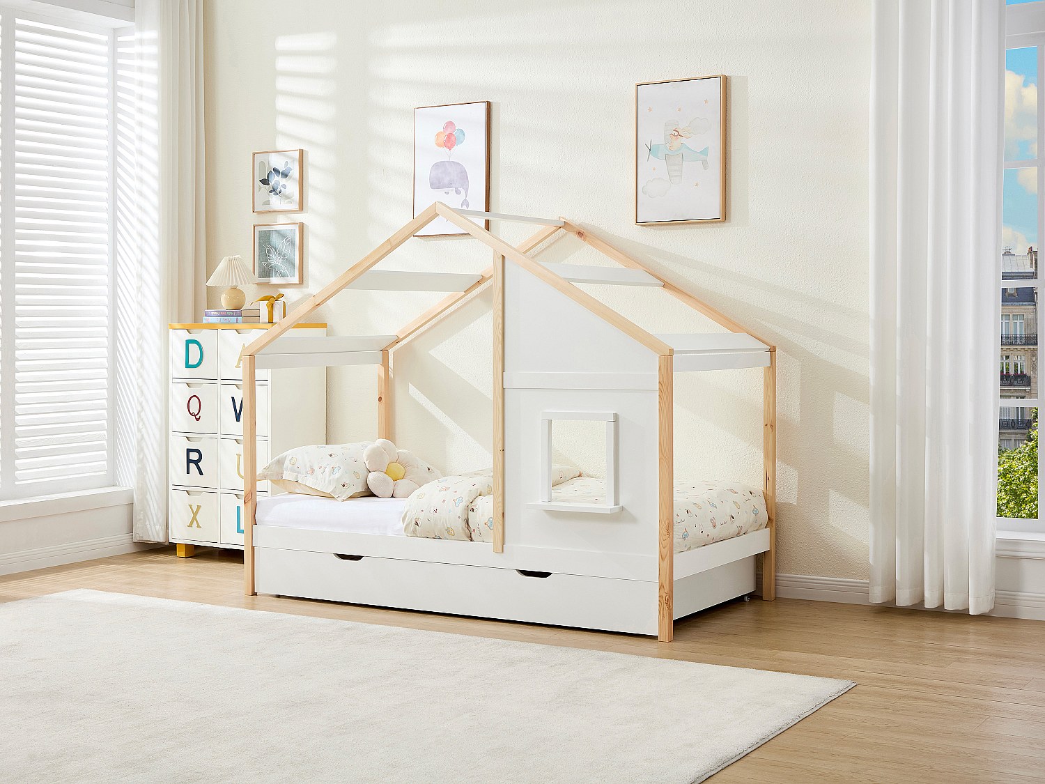 Häuschenbett 90 x 190 cm – Mit Schublade + Matratze – Kiefer & MDF – Weiß/N günstig online kaufen