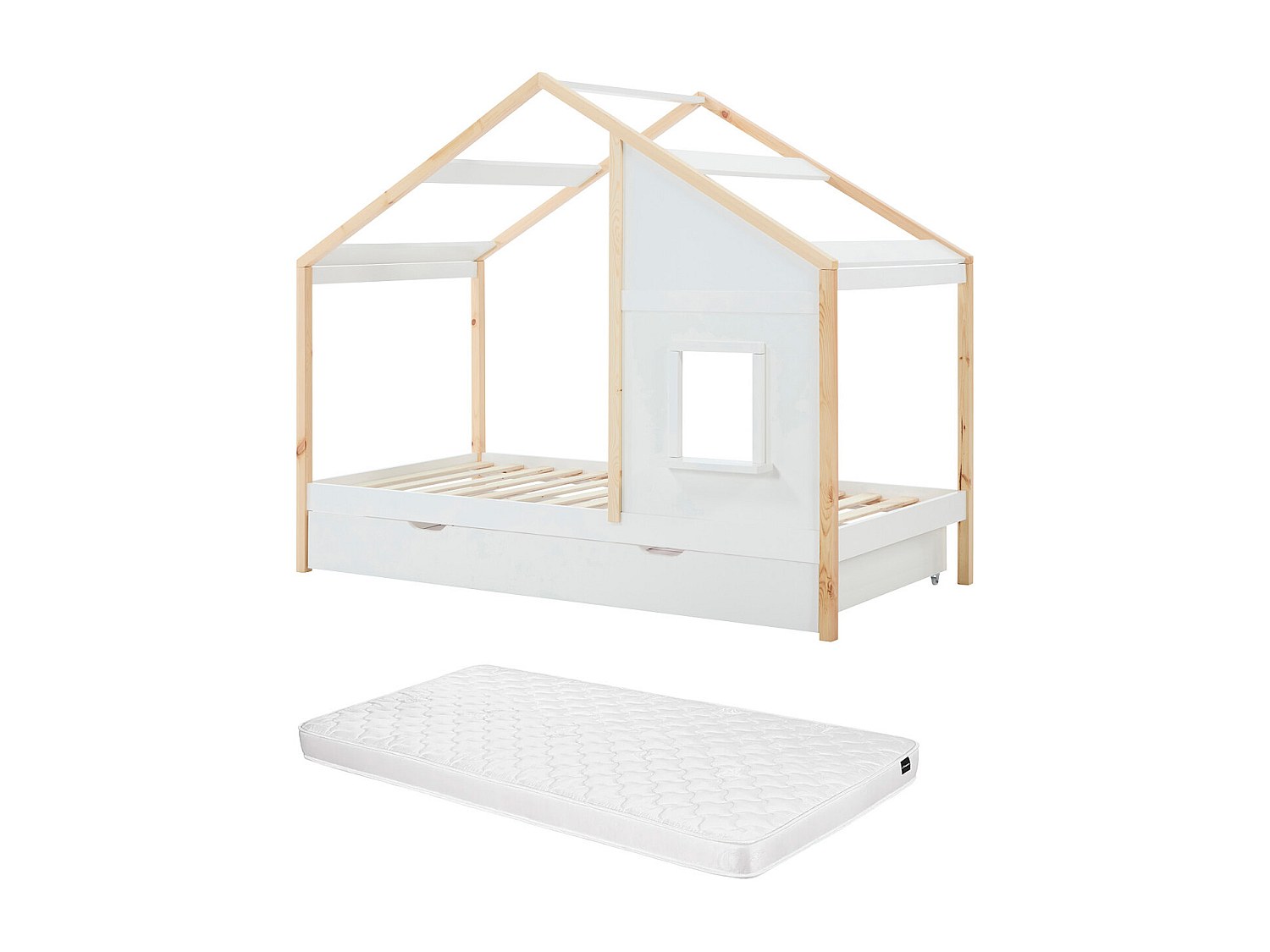Häuschenbett 90 x 190 cm – Mit Schublade + Matratze – Kiefer & MDF – Weiß/N günstig online kaufen