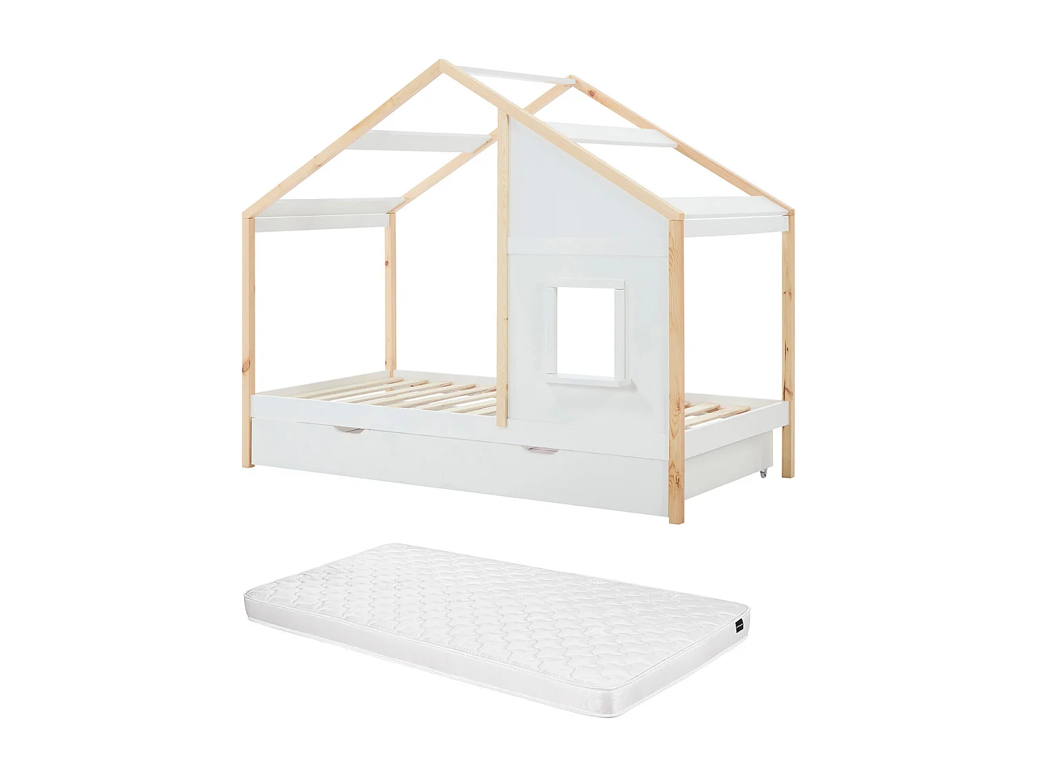 Lit cabane 90 x 190 cm avec tiroir - Pin et MDF - Coloris : Blanc et naturel + Matelas - RINELYA