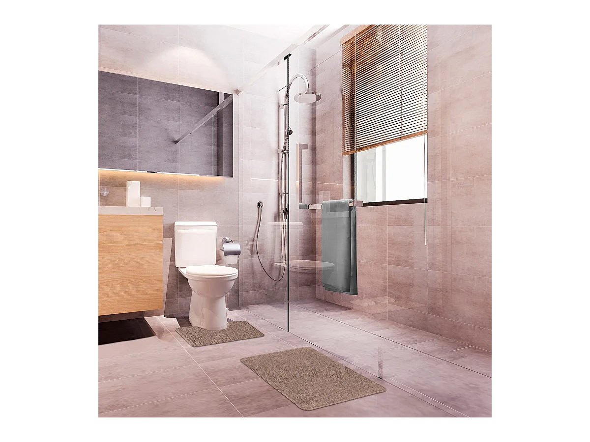 Lot de 2 tapis de bain polyester 50x80cm + contour taupe