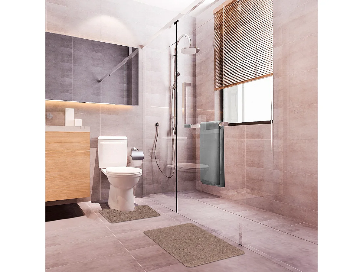 Lot de 2 tapis de bain polyester 50x80cm + contour taupe