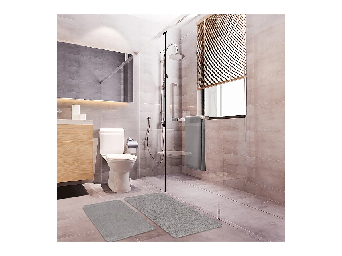 Lot de 2 tapis de bain polyester 60x120cm + 50x80cm 60x120cm gris