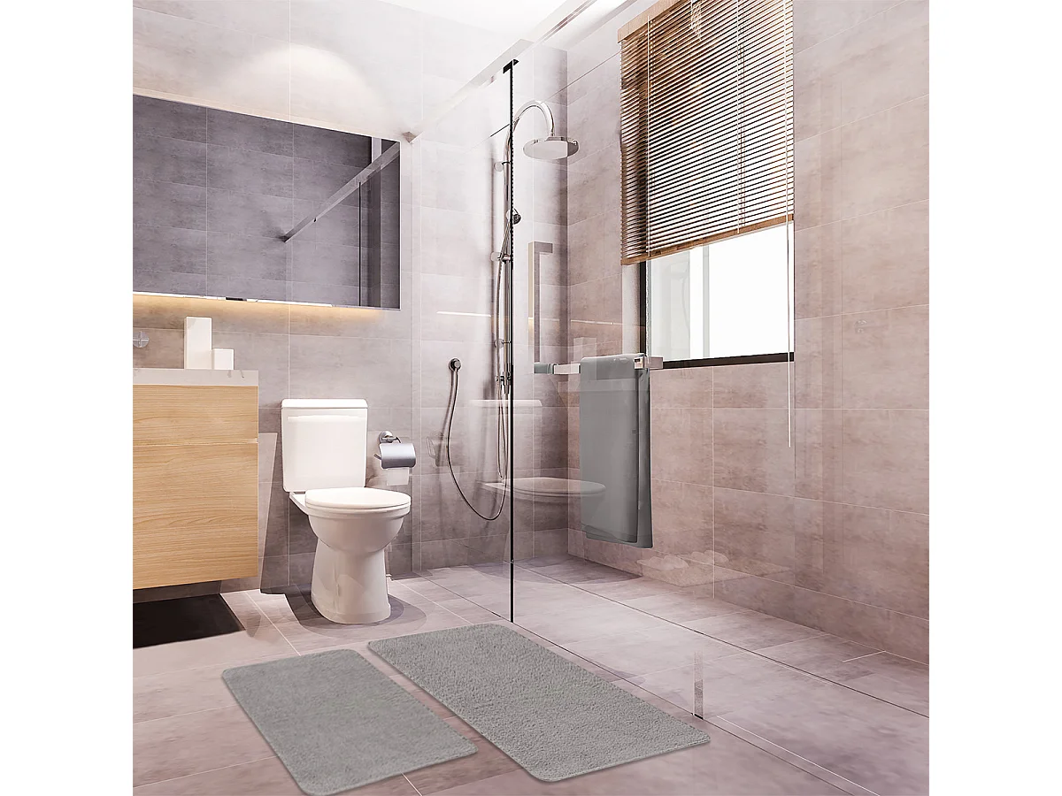 Lot de 2 tapis de bain polyester 60x120cm + 50x80cm 60x120cm gris