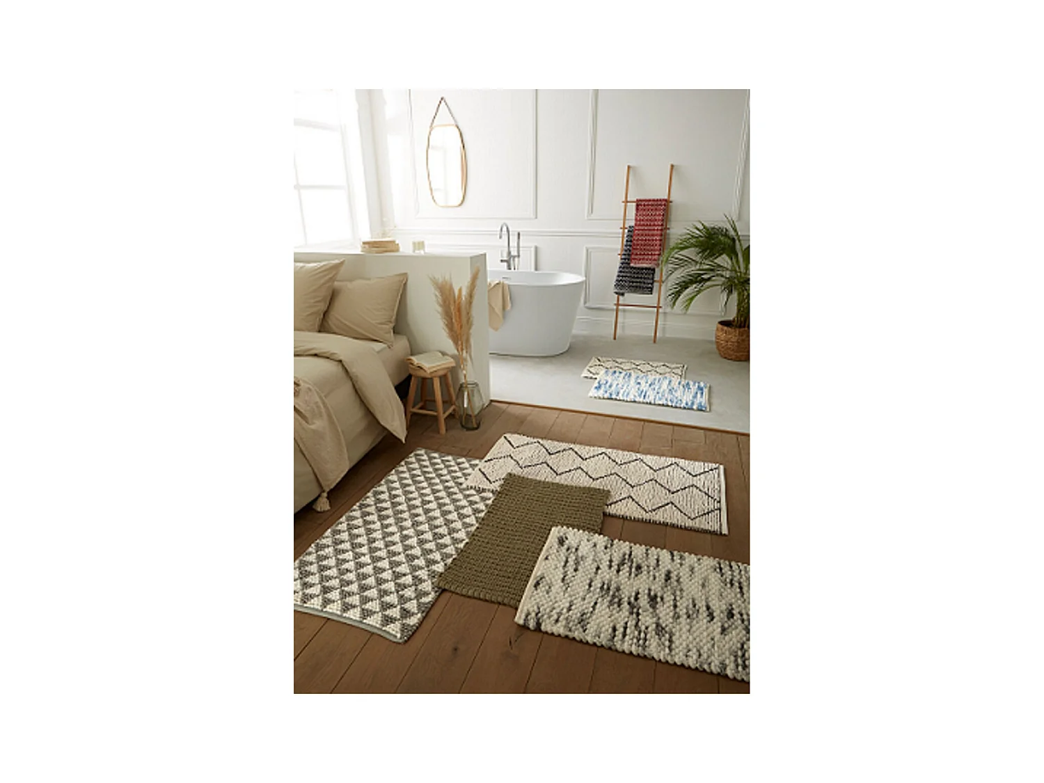 Tapis de bain déco en polycoton blanc 60x120cm