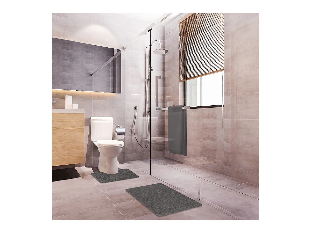 Lot de 2 tapis de bain polyester 50x80cm + contour anthracite