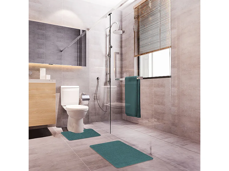 Lot de 2 tapis de bain polyester 50x80cm + contour bleu paon