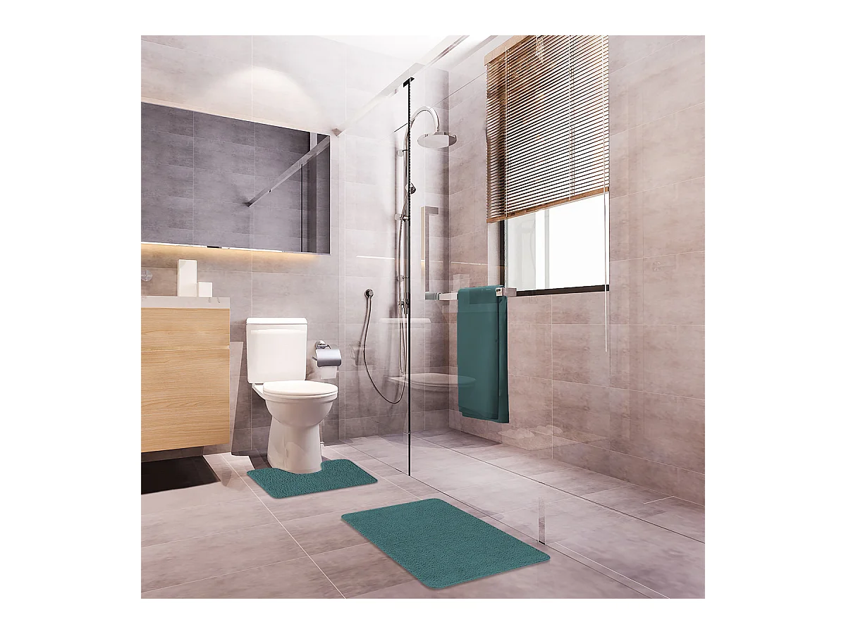 Lot de 2 tapis de bain polyester 50x80cm + contour bleu paon