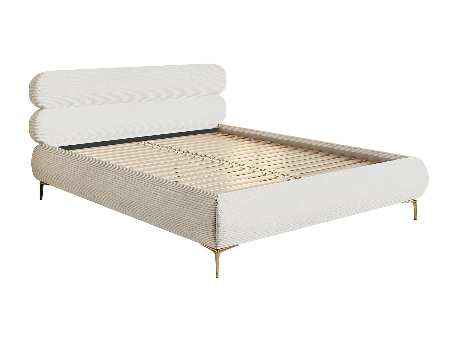 Lit tapissé 140x200 – sans rangement – velours côtelé – crème – ROULE CORD