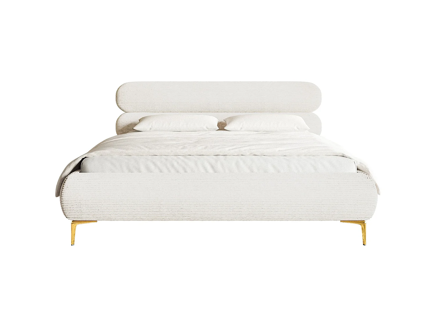 Gestoffeerd bed 180×200 – ribfluweel en goudkleurige poten – crème – ROULE CORD
