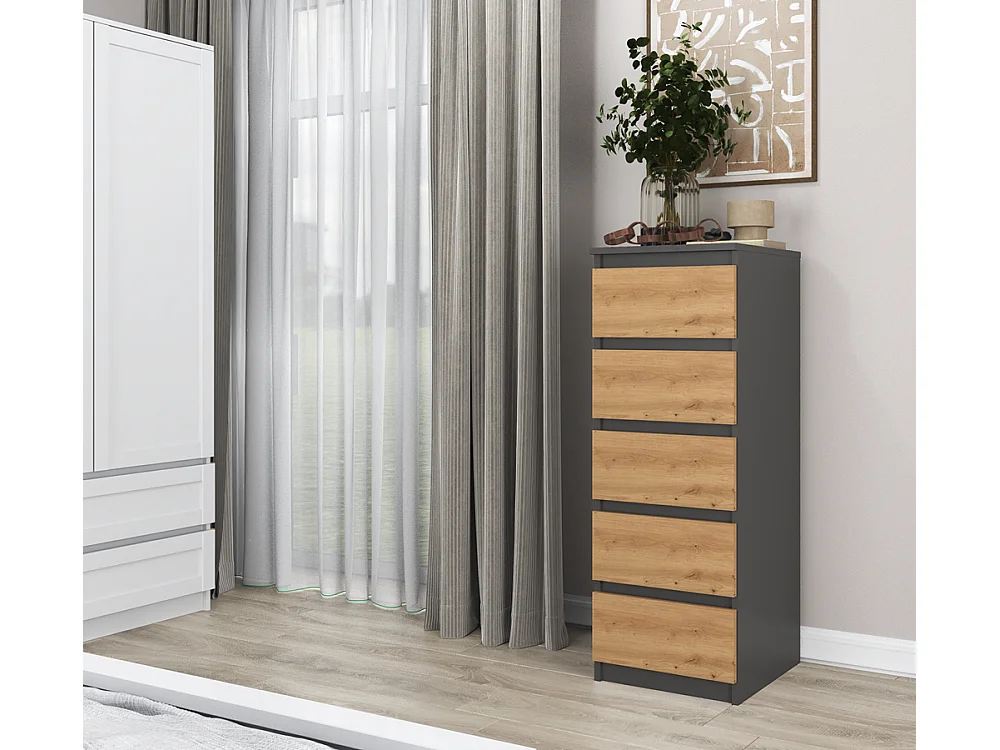 Komoda Malwa W5 | Antracyt/Dąb Artisan | 40x45x111 cm | Komoda z  5 Szufladami