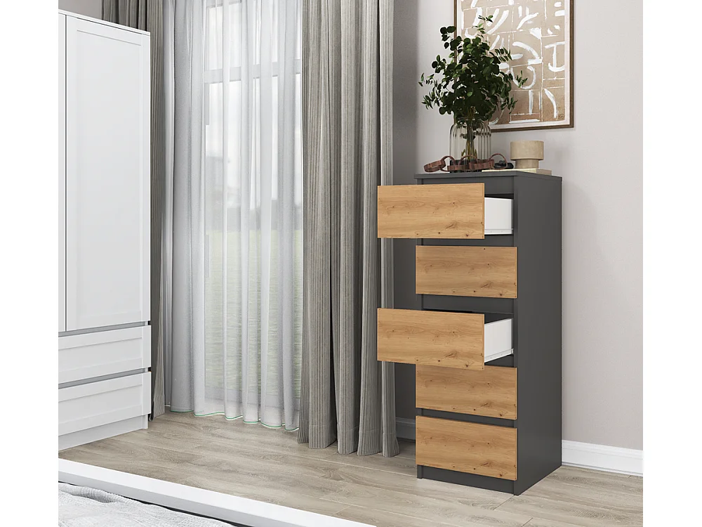 Komoda Malwa W5 | Antracyt/Dąb Artisan | 40x45x111 cm | Komoda z  5 Szufladami