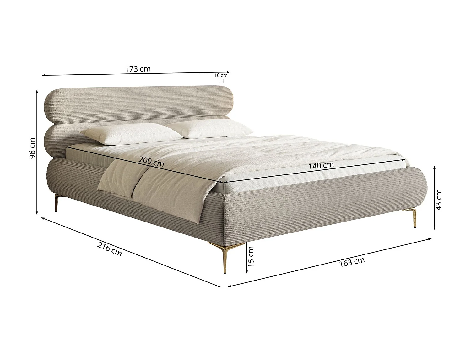 Polsterbett 140x200 mit Cordstoff – goldfarbenen Füßen – Greige – ROULE CORD
