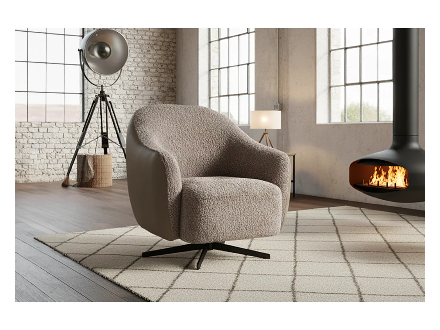 Drehsessel - Taupe Kunstleder, Bouclé - BRITTO