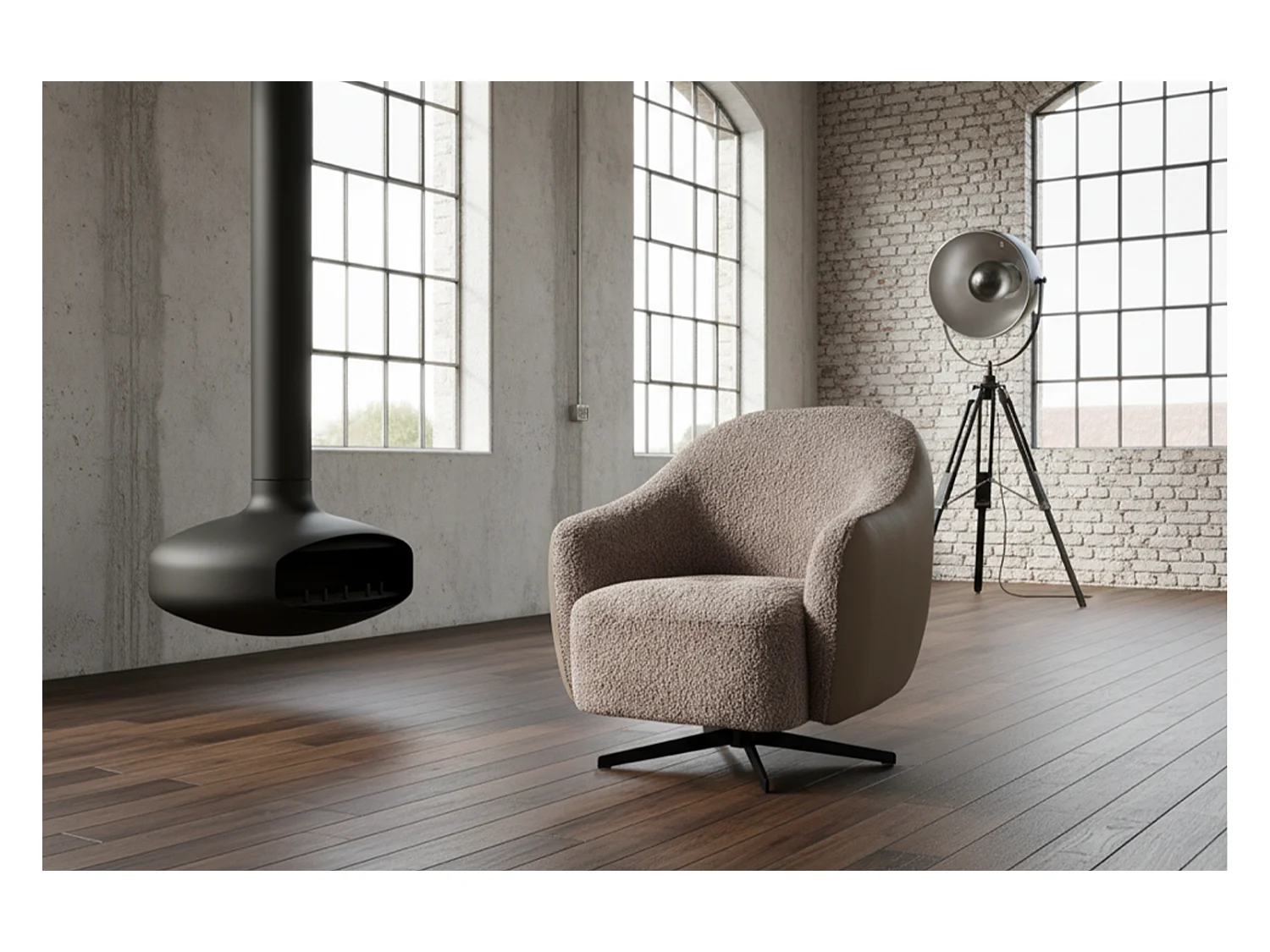 Drehsessel - Taupe Kunstleder, Bouclé - BRITTO